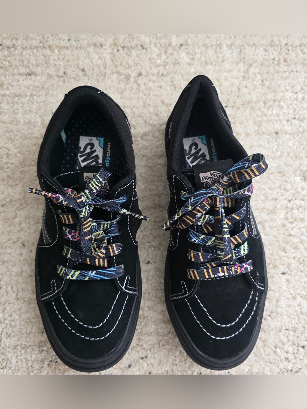 Vans Black Suede Sneakers with Multicolor Patterned Laces